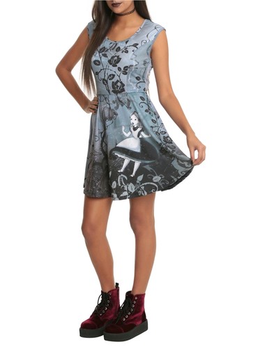 RARE HOT TOPIC Disney Alice in Wonderland Goth Art Dress Keyhole Back Womens Med - Picture 3 of 24