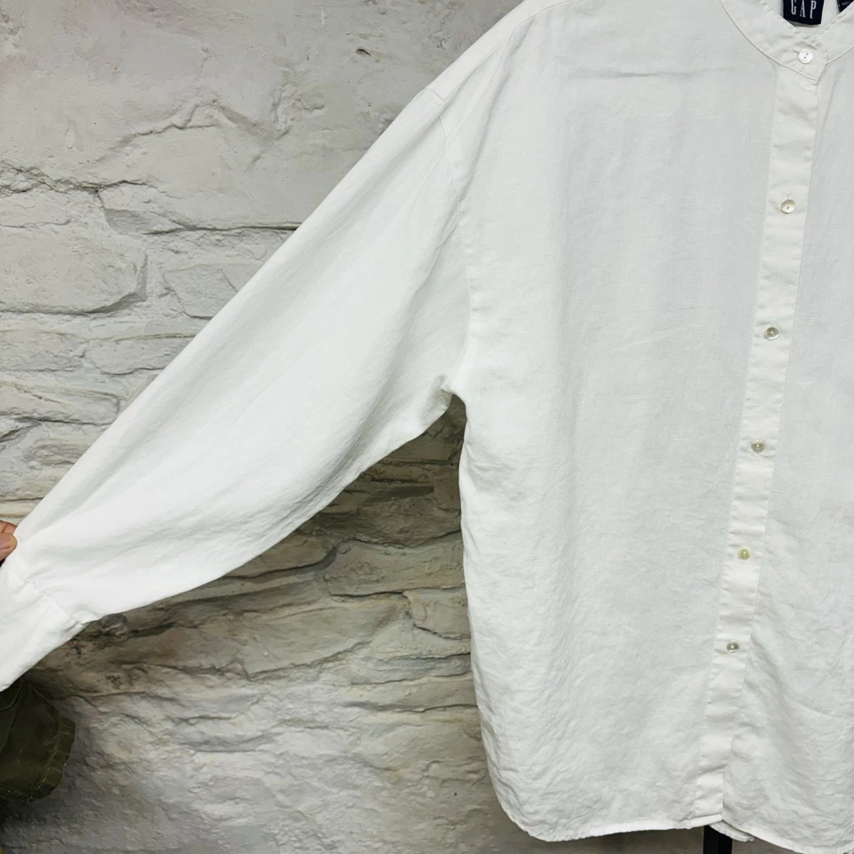 Camisa de lino con cuello de banda hueca manga larga abotonada vintage retro años 90 Hong Kong Foto 4 de 4