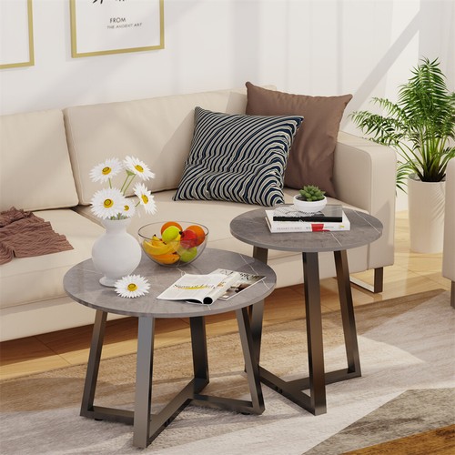 WISFOR 2PCS Round Nesting Coffee Table Dark Grey Marble Table for Sofa Side Home - Picture 12 of 14