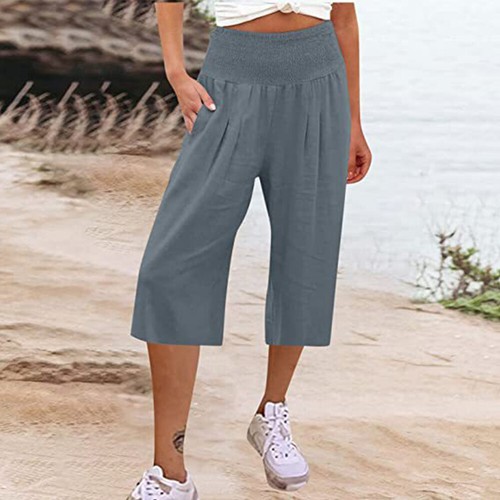 Linen Pants Wide Leg Pants Bottom Shorts 3/4 Length Solid High Waist Women / @ - Picture 13 of 20