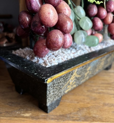 VTG Chinese Carved Stone Fruit Green Jade Carnelian Rose Quartz 100+ Grapes 20” - Picture 9 of 10