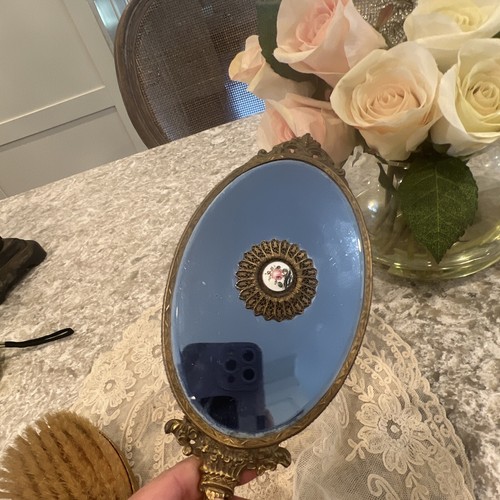 Vanity Guilloche Enamel Pink Rose Brush Mirror Venetian Antique Vtg Deco Blue - Picture 16 of 22