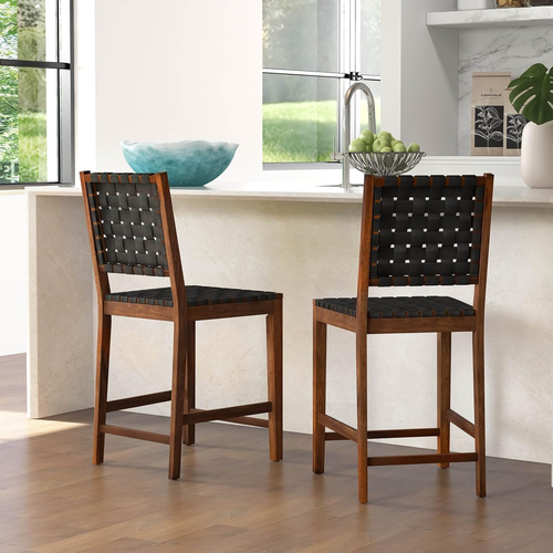 24" Counter Height Bar Stools Set of 2, Solid Wood Woven Rustic Barstools W/Faux - Picture 2 of 9
