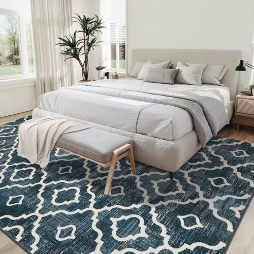 Large Geometric Blue Area Rug 8x10 Ft For Living Room Modern Under 100 Clearance - Picture 3 of 8
