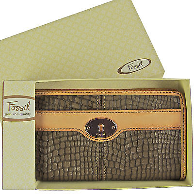 FOSSIL Leder Geldbörse Portemonnaie Geldbeutel MADDOX EMB ZIP CLUTCH Damen Börse