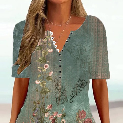 Women's Print V Neck Tunic Top Short Sleeve Casual Loose Blouse Tops T-Shirt - Picture 4 of 18