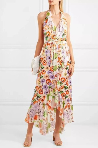 Alice + Olivia Evelia Ruffled Floral Asymmetrical Halter Maxi Dress Size 2 - Picture 2 of 16