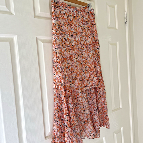 Forever New Floral Maxi Skirt Size 14 Orange Cream Black Ruffle Flowy Aline - Picture 3 of 9