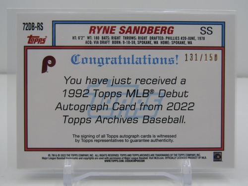 RYNE SANDBERG 2022 TOPPS ARCHIVES '92 PURPLE AUTOGRAPH AUTO! #131/150! ¡FILIS! - Imagen 2 de 2