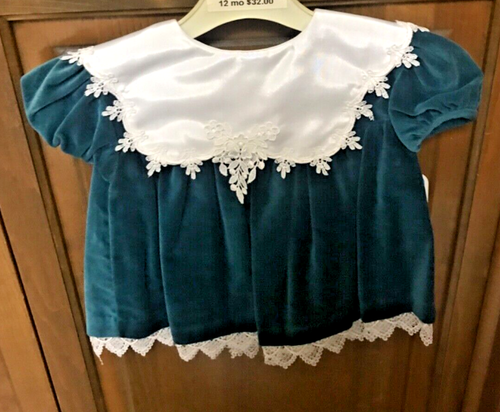 Vintage Bryan Girls Dress Size 12 Months Velvet Teal with Large Satin Collar NWT - Picture 3 of 7