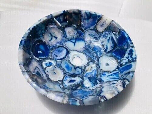 Stone Wash Basin Sink Round Natural Blue Agate Handmade Bathroom & Kitchen Deco - Picture 3 of 4