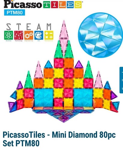 Picasso Tiles Mini Diamond Series 80 Piece Magnetic Building Tile Set - New - Picture 1 of 2