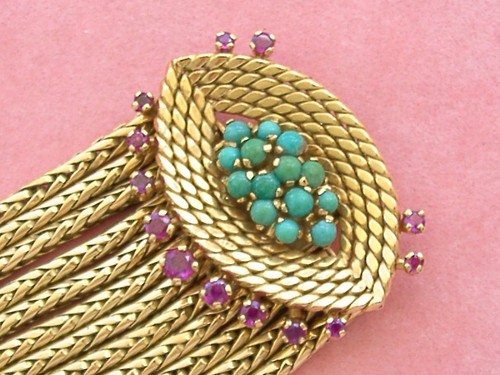 VINTAGE 12 STRAND 110 gr HEAVY 18K STATEMENT BRACELET, RUBY TURQUOISE CLASP 1950 - Bild 7 von 12