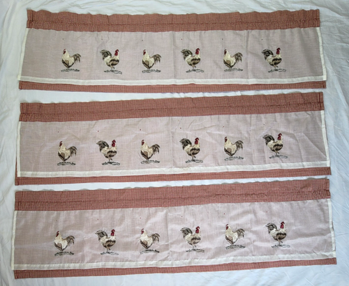 6 Waverly Embroidered Rooster Valances Red Gingham Sheer Top Layer Back Fade - Picture 5 of 12
