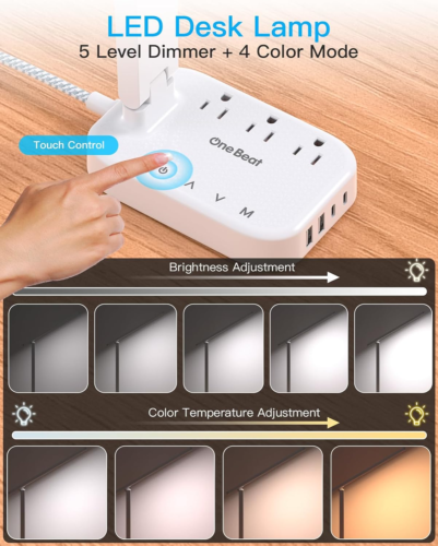 Power Strip with LED Desk Lamp, 3 Outlets 4 USB Ports(2 USBC) 4 Modes 5 Level To - Picture 3 of 7