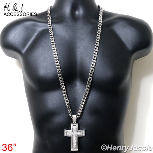 18"-40"Stainless Steel 9mm Silver Cuban Curb Chain BIG ICY CZ Cross Pendant*IP20 - Picture 25 of 27