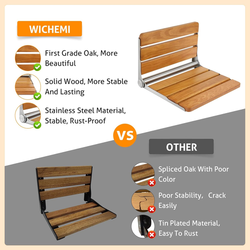 Folding Shower Seat - Wall Mounted Fold down Seat, 440Lb Max Load, Wooden Foldab - Picture 3 of 9