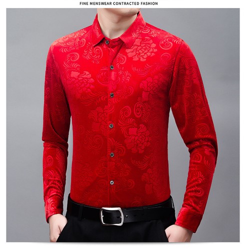 Men's Retro Golden Velvet Shirt Casual Middle-aged Long-sleeved Jacquad Tops - Picture 14 of 22