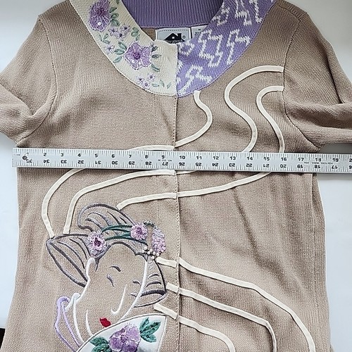 Storybook Knits M Asian Inspired Cardigan Purple Tan Geisha Fan Grandmacore - Picture 10 of 12