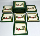 Christmas Drink Coasters Wood Cork Set of 6 Wooden Storage Box Vintage