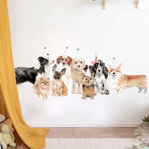 Dogs Puppies Party Hat Removable Wall Fabric Decal Set Sticker Baby Room Decor  - Bild 1 von 5