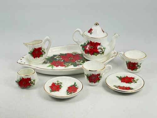 Vintage Staffordshire Miniature Christmas Poinsette Tea Set English Fine China - Picture 1 of 24