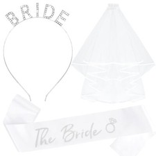 Bride Headband and Sash Veil for Bachelorette Party Tiara Veil for Wedding Br...
