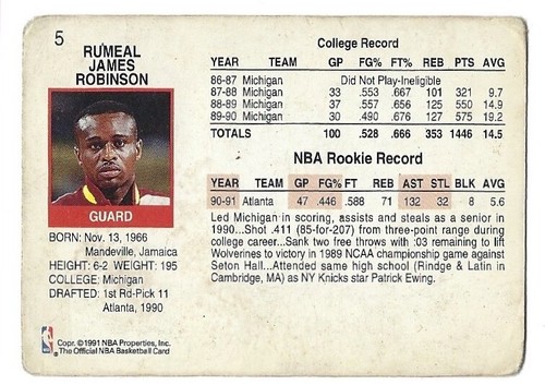 1991-92 NBA Hoops Basketball #5 Rumeal Robinson Atlanta Hawks UER - Picture 2 of 2