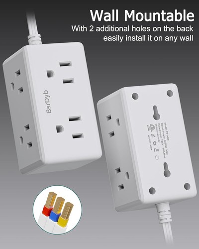 6Ft Flat Plug Small Power Strip,3-Side White Extension Cord with 6 Wide Outlets - Picture 4 of 13