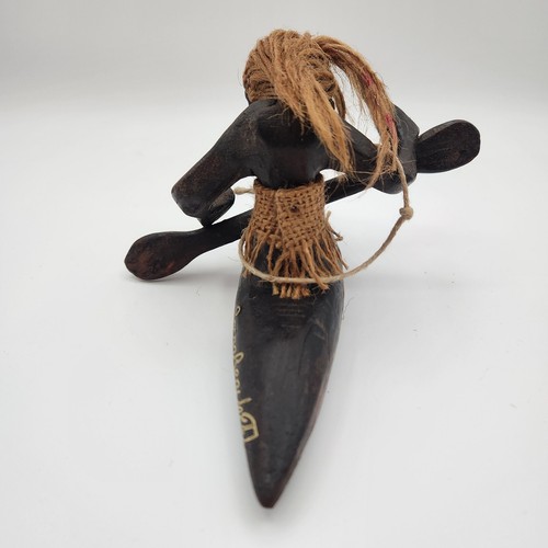 Carved Wood Figure Polynesian Hawaii Tiki Tribesman in Canoe Boat Coco Beach FL - Picture 4 of 9