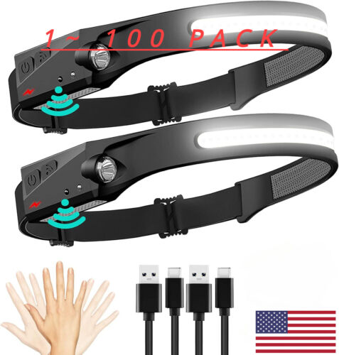 1/ 100 PACK Rechargeable LED Headlamp Head Lamp Light Lightweight Flashlight USA