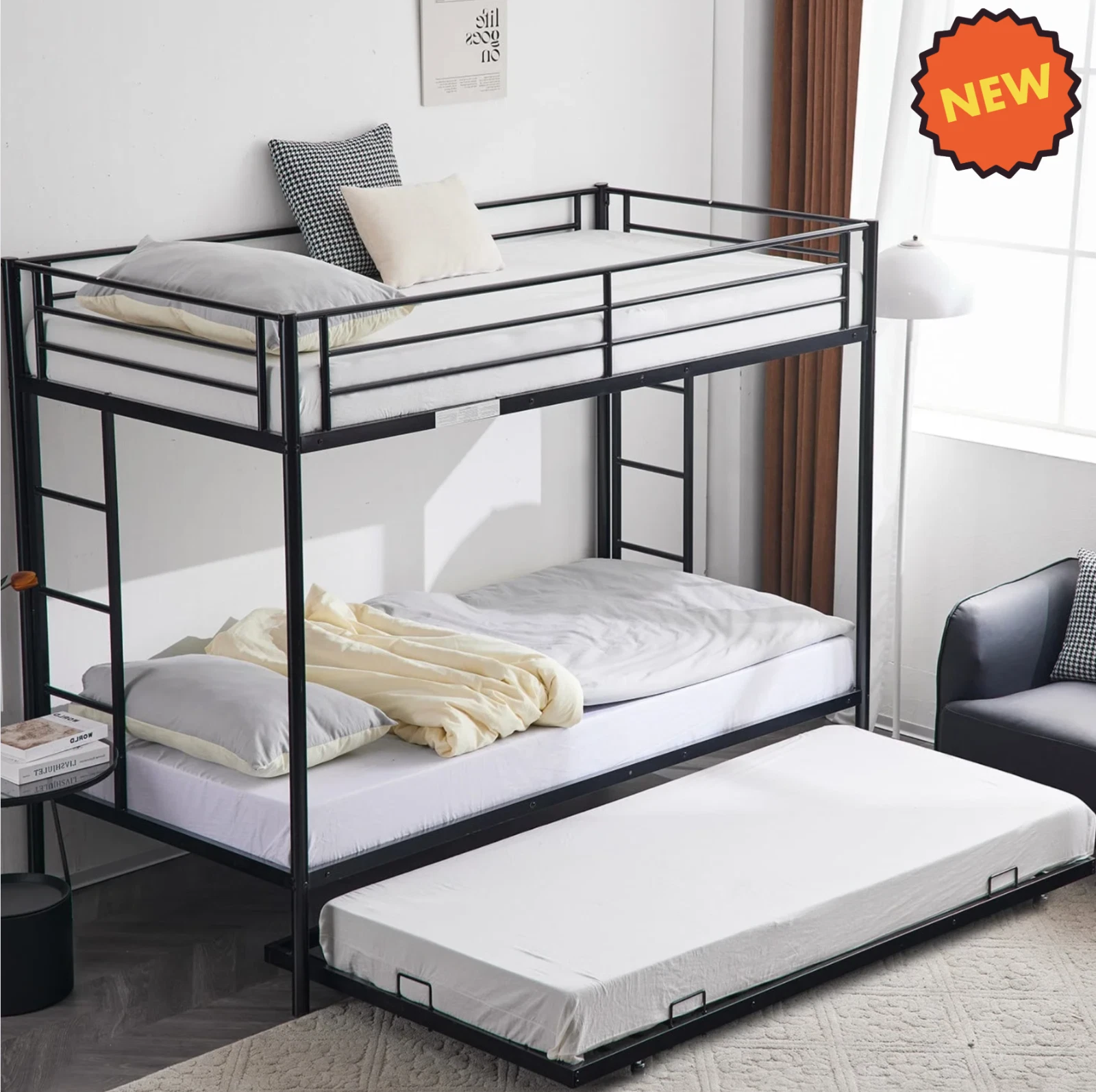 Cama Litera Twin para Adultos Niños Twin Metal Bunk Bed Frame w/ Trundle Black