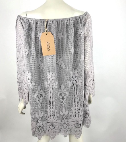 Listicle Lavander Lace Tunic Top Off Shoulder Bell Sleeve Purple Women Small NWT - Picture 4 of 9