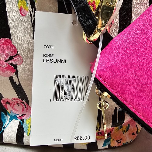 Luv Betsey Johnson Rose Gold Chain Tote Bag White Black Striped 9"x 15" x6" NWT - Picture 5 of 11