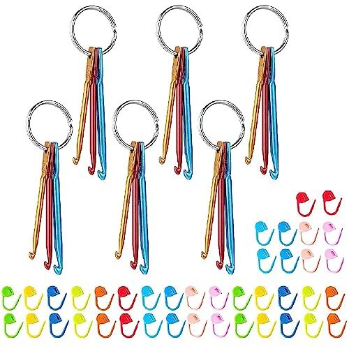 6 Sets Mini Crochet Hook Keychain with 40pcs Plastic Colored Stitch Markers, - Picture 1 of 5