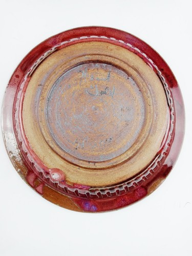 Handmade Studio Art Pottery Dish Bowl Maroon & Blue Glazed Artist Signed 10" - Picture 4 of 7