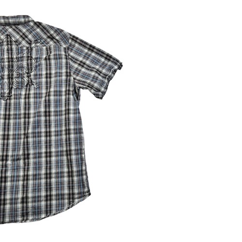 Helix Shirt Men's S/S Embroidered Button Down Plaid Gray Blue White Black 2XL - Picture 11 of 12