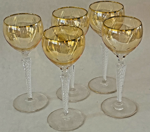 Vintage Hock Glasses: Honey Amber Air Twist Clear Stems Gold Gild - Imagen 7 de 7