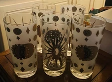 Fred Press 5 Signed MCM Frosted White &22K Gold Atomic Starburst Collins Glasses