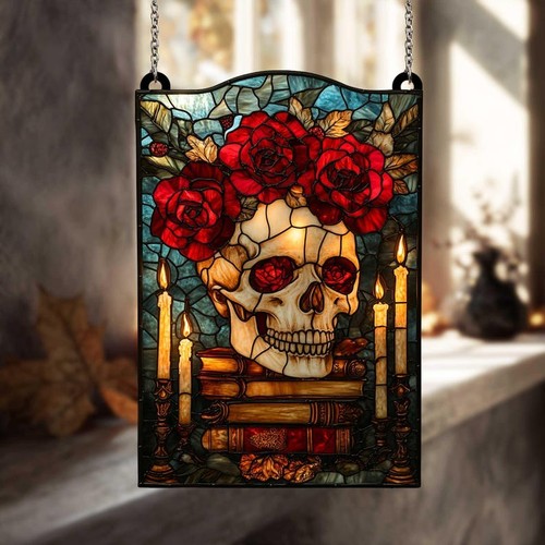 Totenkopf & Rosen Sonnenfänger, Gothic Kunstglas Fensterscheibe mit Kerzen & Büchern - Bild 5 von 5