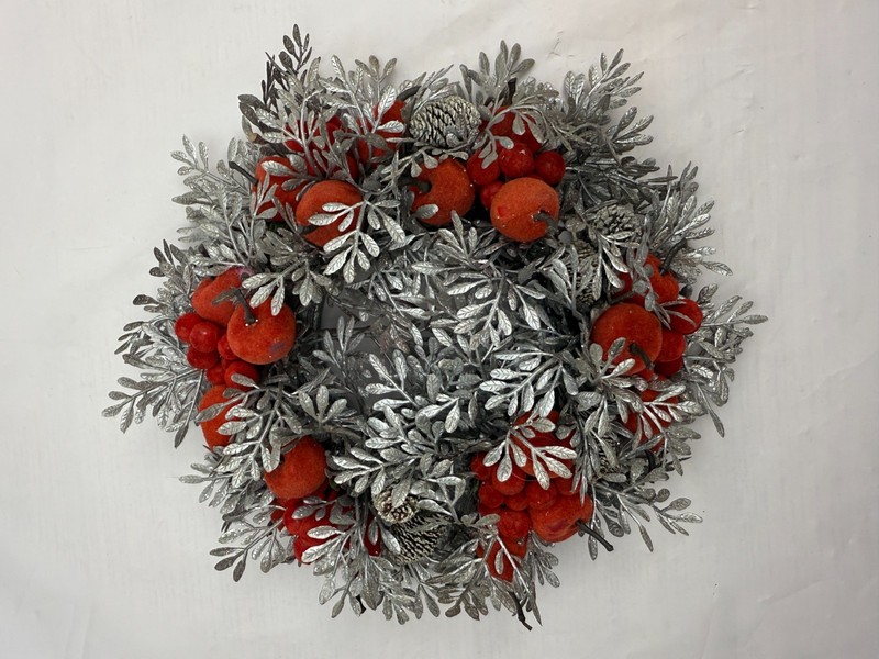 Lg Vintage Christmas Plastic Candle Ring - Silver Foliage & Flocked Red Fruit