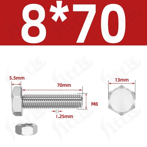 304 Edelstahl Sechskantschrauben mit Muttern M3/M4/M5/M6/M8/M10/M12/M14/M16 Schraubensatz A2-70 - Bild 118 von 247