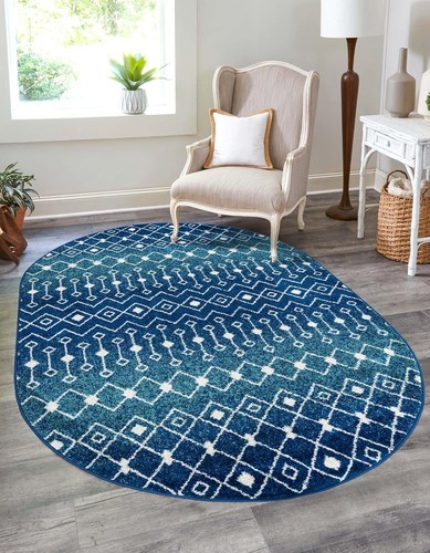 Unique Loom Tribal Trellis Collection 4' x 6' (Oval), Navy and Teal/Ivory