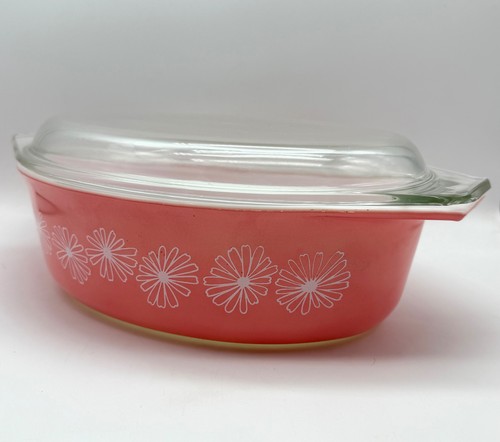 Vintage Pyrex Rosa Gänseblümchen 2-1/2 Quart Oval Auflaufform mit Deckel #042 - Bild 2 von 17