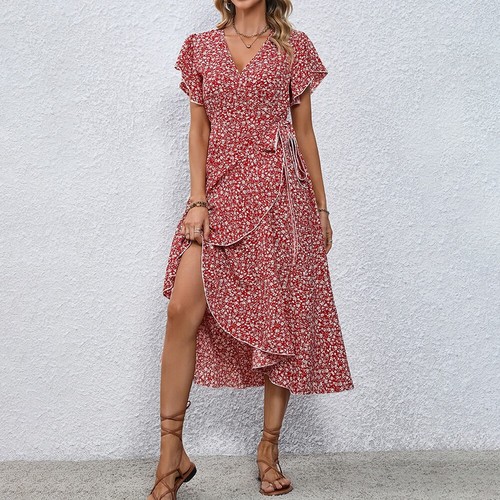 Womens V Neck Floral Boho Midi Wrap Dress Summer Holiday Beach Swing Sundress US - Picture 18 of 22