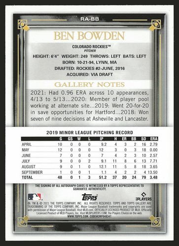 2021 Topps Gallery #RA-BB Ben Bowden Rookies Autographs AU,RC - Picture 2 of 2