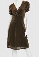 Tommy Hilfiger Women's Gold Shimmer Ruched Puff-Sleeve A-Line Dress Size 14