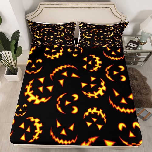 Halloween Bed Sheet Set Queen Size Pumpkin Ghost Face Bed Sheets Set Gold Black - Picture 4 of 6