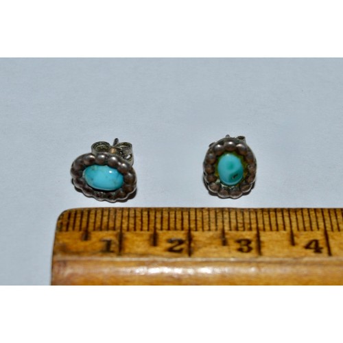 Vintage Turquoise Stud Earrings, Small Silver Earrings Oval Turquoise Stones - Picture 10 of 10