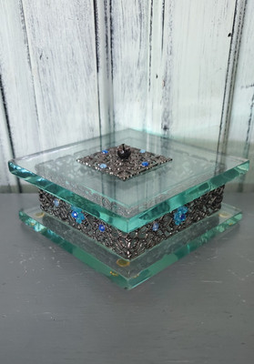 VTG Beveled Glass  Filigree Trinket/Jewelry Box w/ Blue Stones Rare Find OOTK